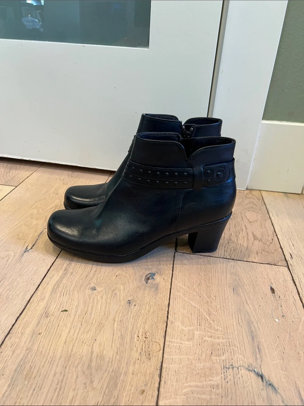 Clarks Black Leather Ankle Booties with Decorative Strap